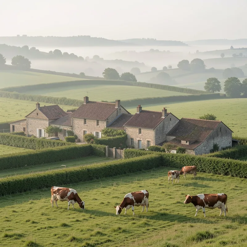 Village bourguignon en pierre calcaire entouré de prairies bocagères au petit matin