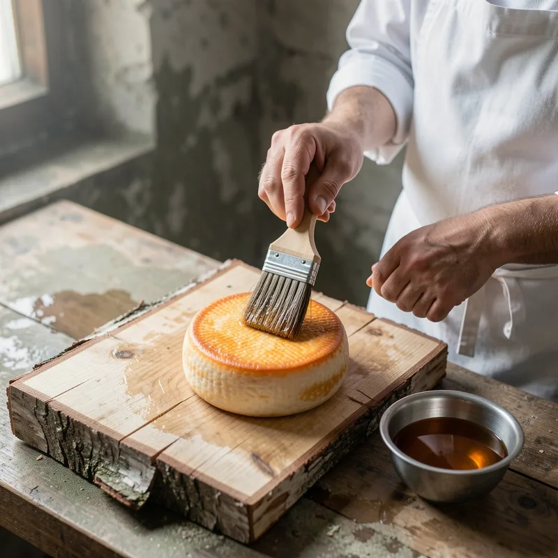 Mains d&rsquo;affineur frottant à la brosse un petit fromage rond à croûte orangée sur une planche de bois