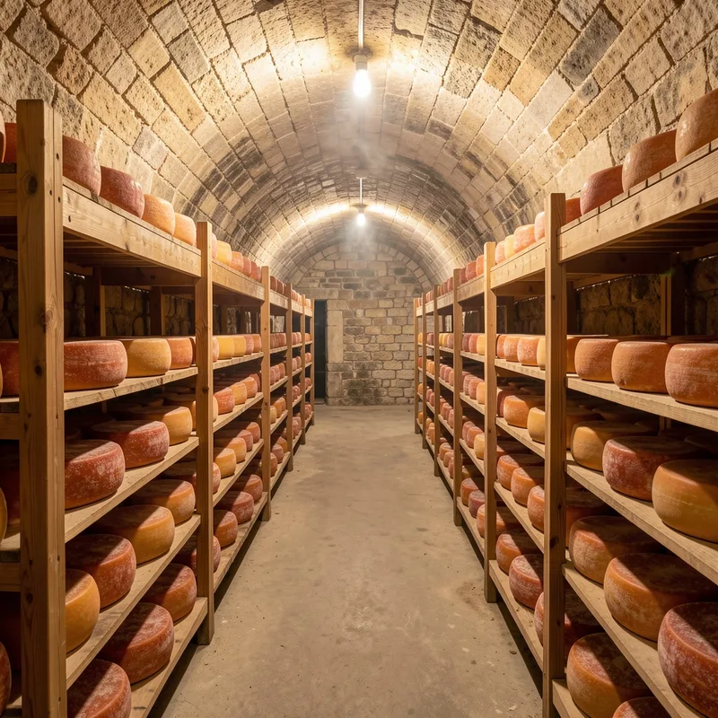 Rangée de fromages ronds à croûte orangée sur des planches en bois dans une cave d&rsquo;affinage voûtée