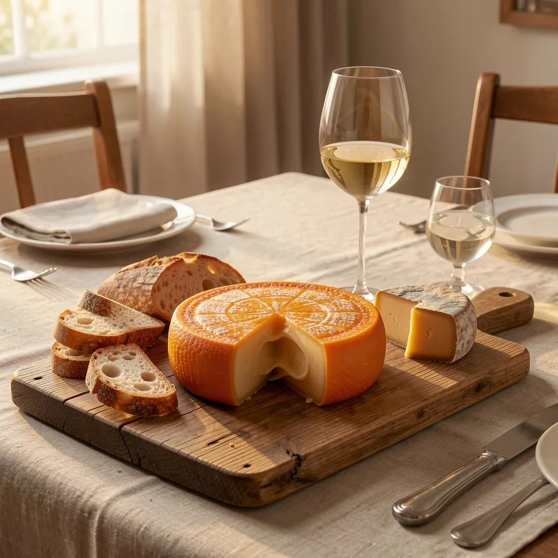 Plateau de fromages en bois avec un fromage rond à croûte orangée entamé, pain de campagne et verre de vin blanc