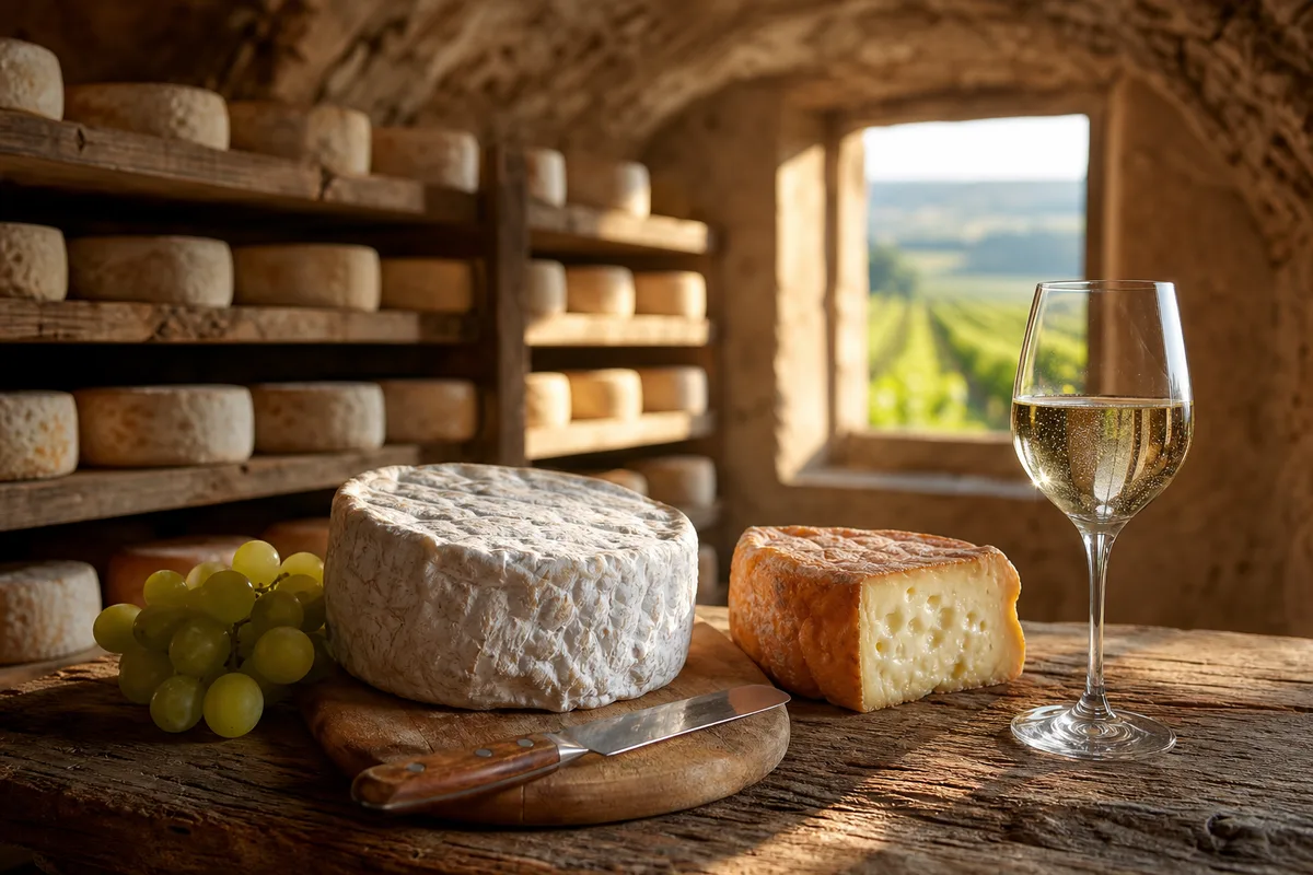 Cave voûtée en pierre garnie d&rsquo;étagères de bois chargées de fromages en cours d&rsquo;affinage