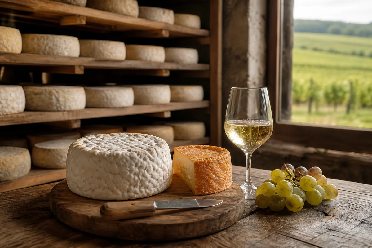 Rangée de claies en bois portant des fromages retournés à la main dans un hâloir