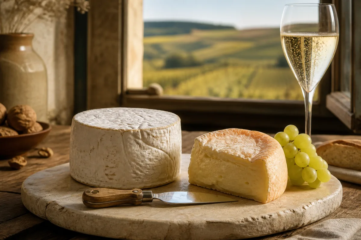Cylindres de fromage à croûte fleurie posés sur une planche de bois clair