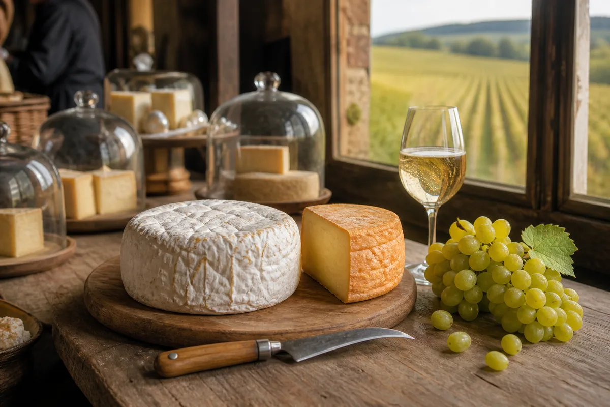 Étal de marché couvert présentant des fromages régionaux sous cloche de verre