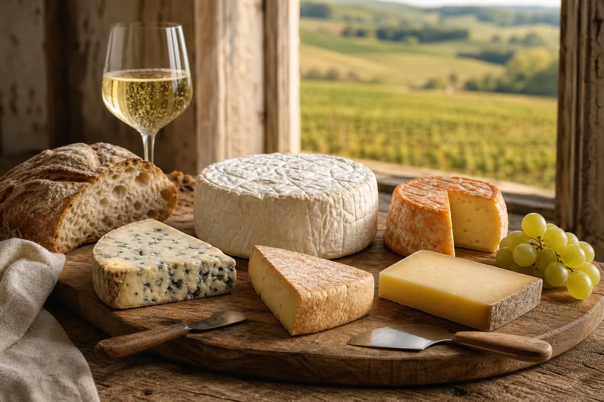 Planche de bois garnie de cinq fromages différents avec couteaux et pain