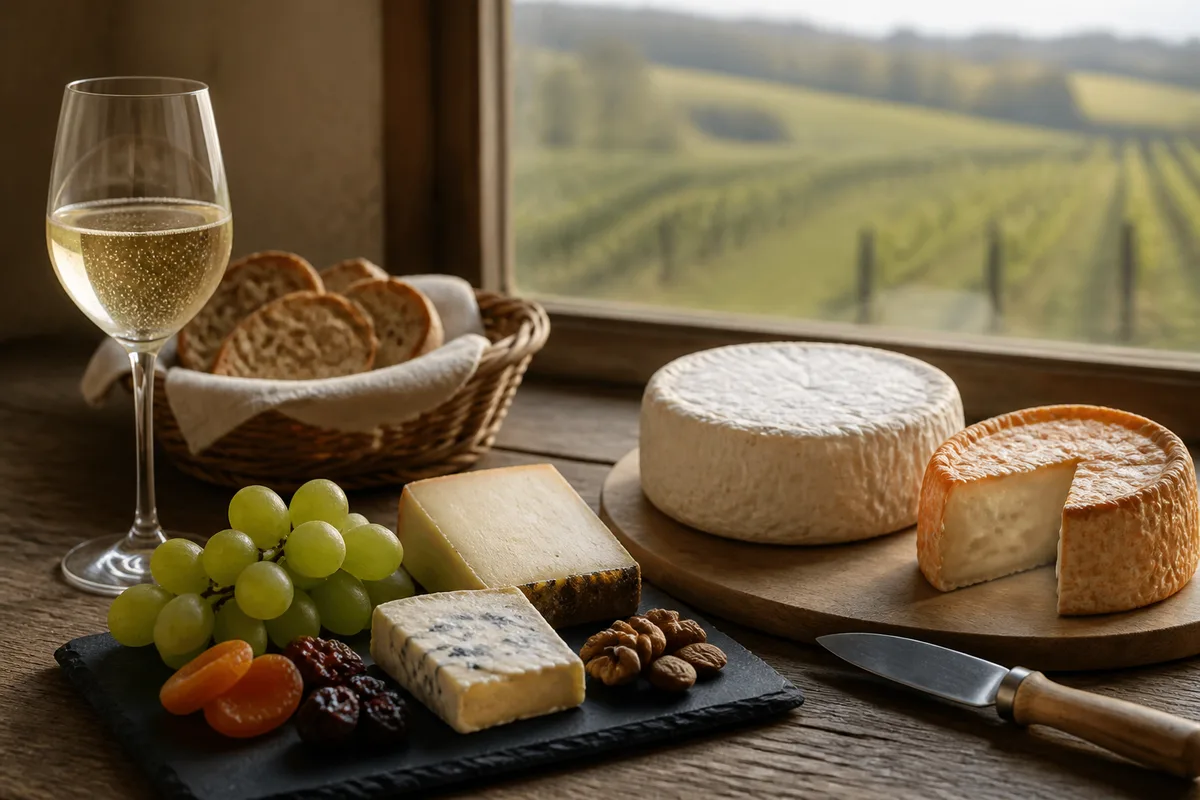 Plateau de fromages dressé sur ardoise avec fruits secs et pain de campagne