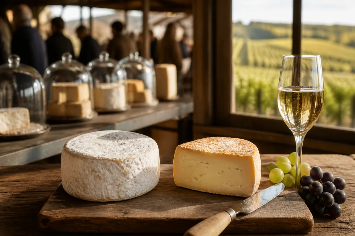 Étal de marché couvert avec fromages sous cloche et clients en file