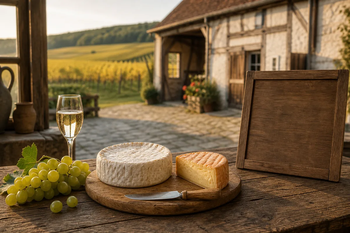 Cour de ferme avec bâtiment ancien et panneau de vente directe en bois