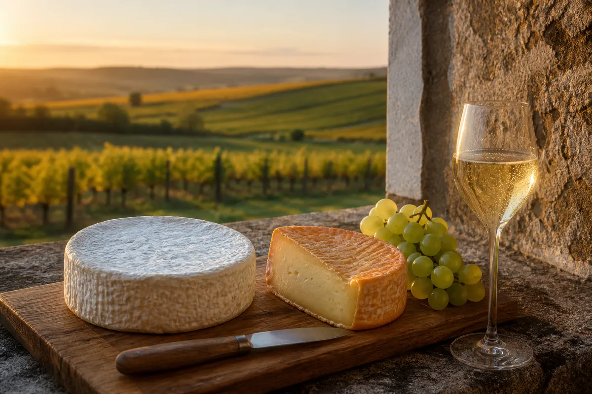 Chaource entier et entamé sur une planche de bois devant les vignes de l'Aube