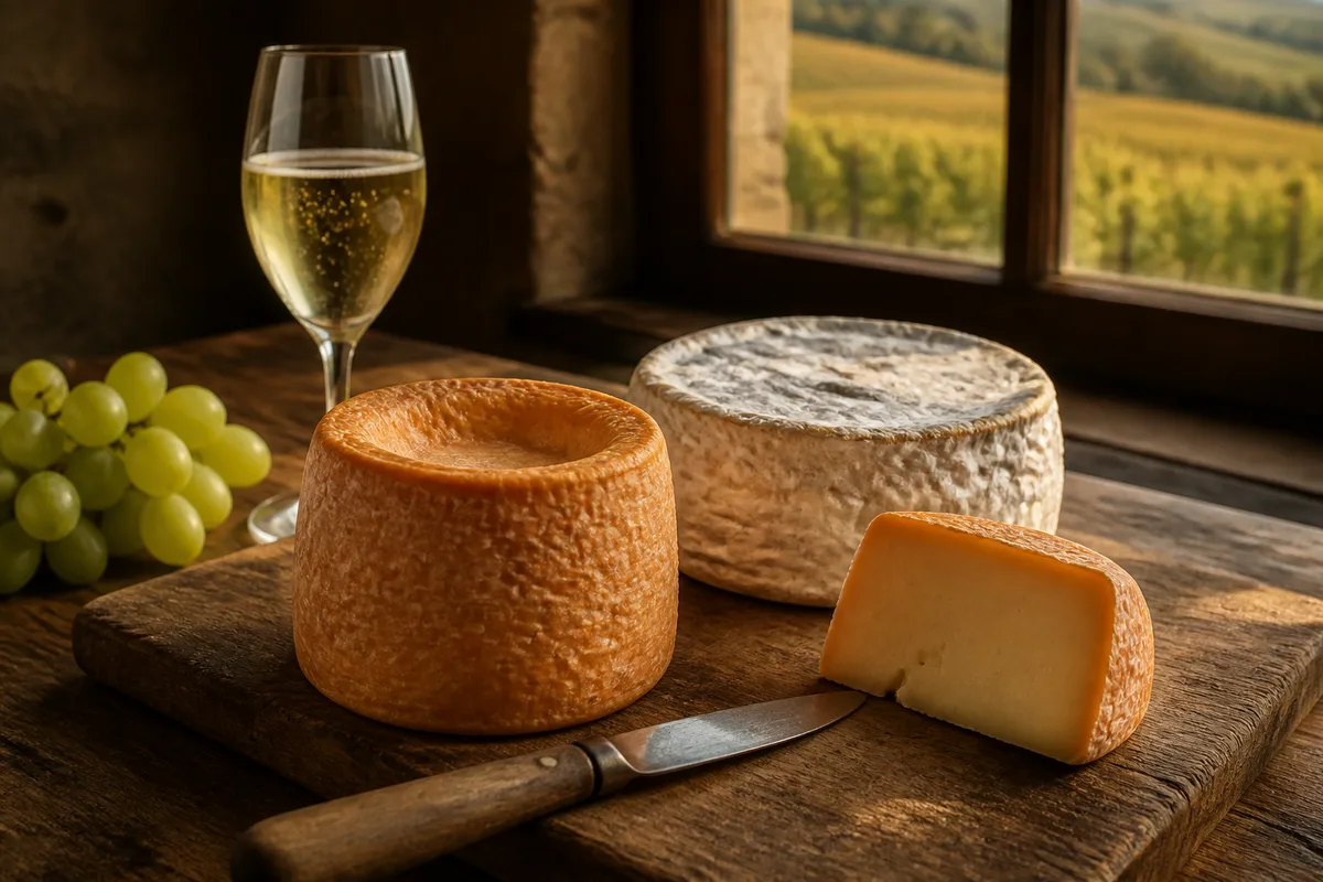 Cylindre de fromage à croûte lavée orangée présentant un creux au sommet