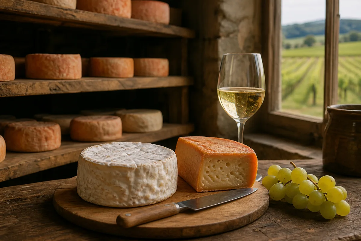 Étagères de cave d&rsquo;affinage garnies de fromages à croûte lavée sur planches de bois