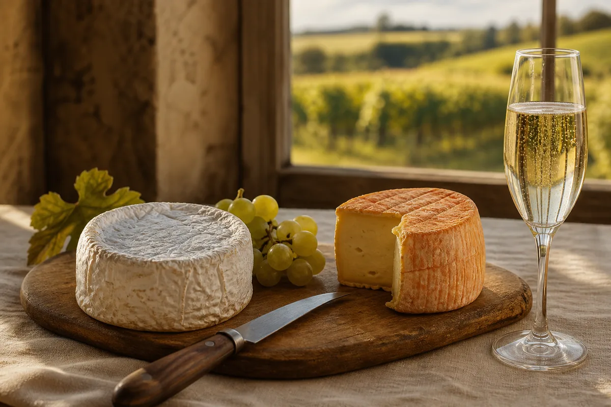 Coupe de fromage à croûte fleurie et flûte à effervescent posées sur une nappe de lin