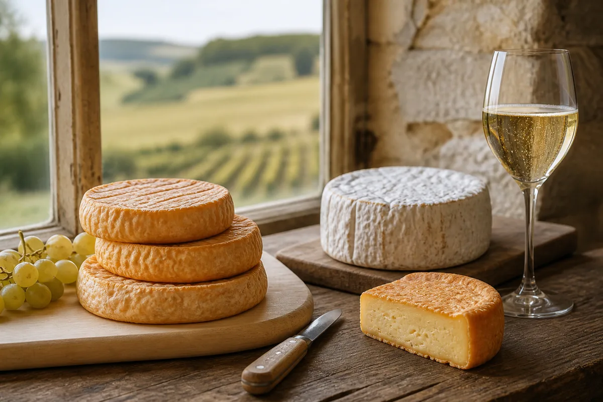Fromages plats à croûte lavée orangée alignés sur une planche de hêtre