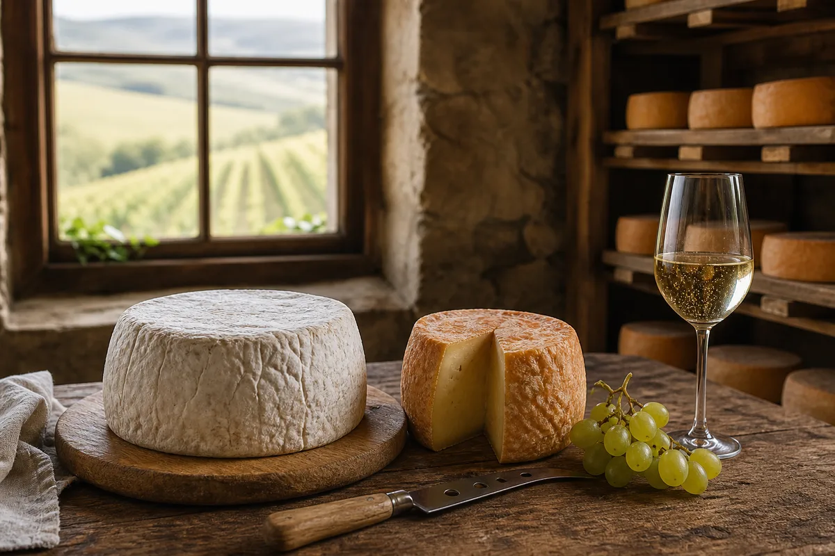 Cave d&rsquo;affinage aux murs de pierre avec claies de bois et fromages en cours de lavage